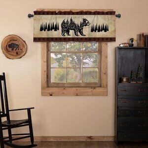 Cabin Curtain Valance for Windows Rustic Black Bear Pine Tree Silhouette 4 pack.